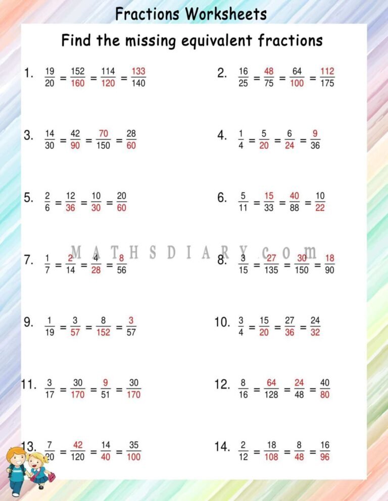 Find missing equivalent fractions in 3 fractions - Math Worksheets ...