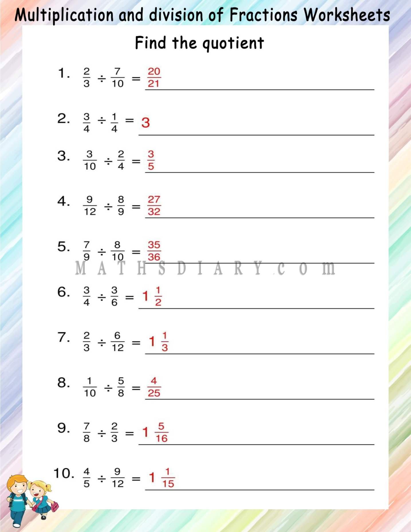 Find The Quotient In Division Of Fractions Worksheets Math Worksheets 