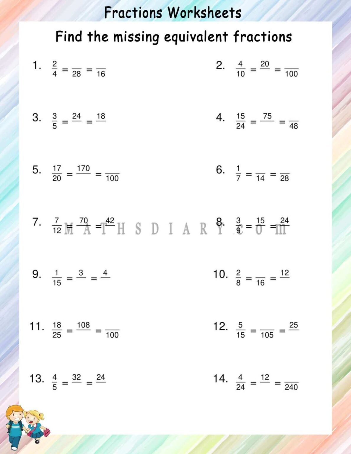 Find missing Equivalent Fractions worksheets - Math Worksheets ...