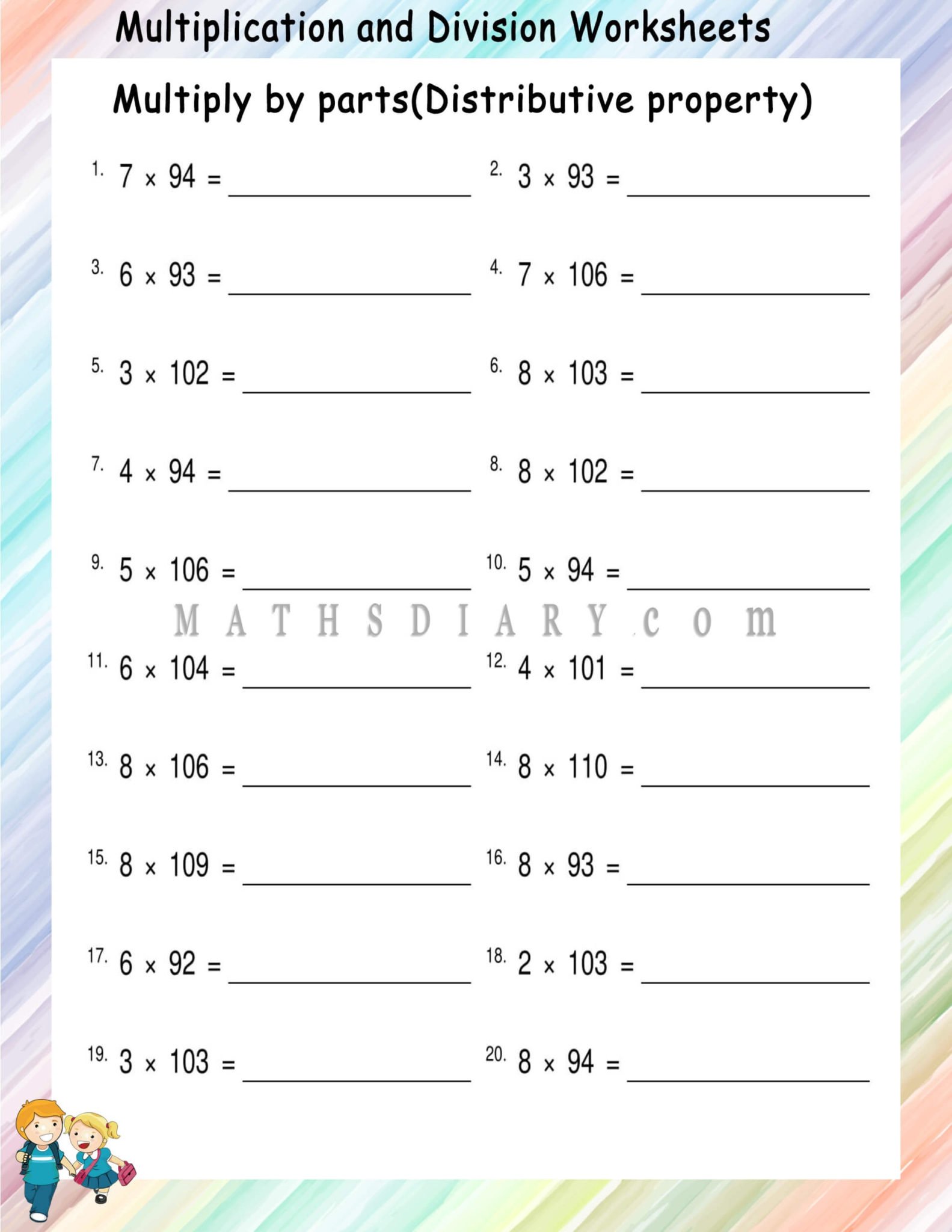 Multiplying By Parts(Distributive Property) worksheets - Math ...