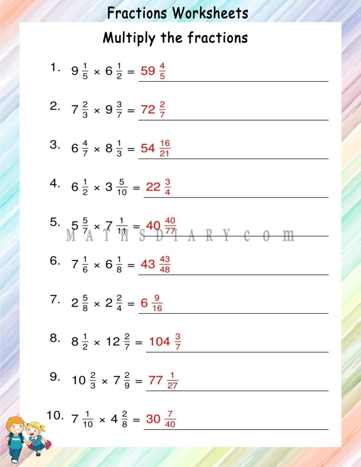 Multiplying mixed fractions worksheets - Math Worksheets - MathsDiary.com