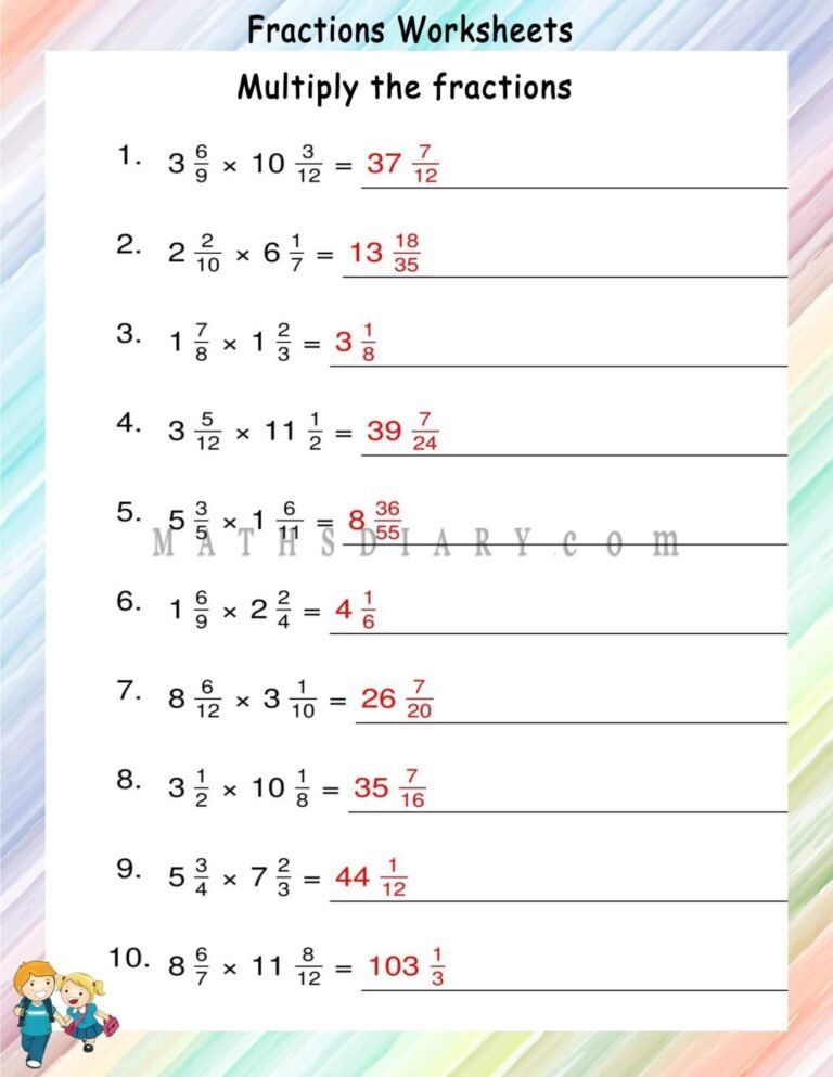 Multiplying mixed fractions worksheets - Math Worksheets - MathsDiary.com