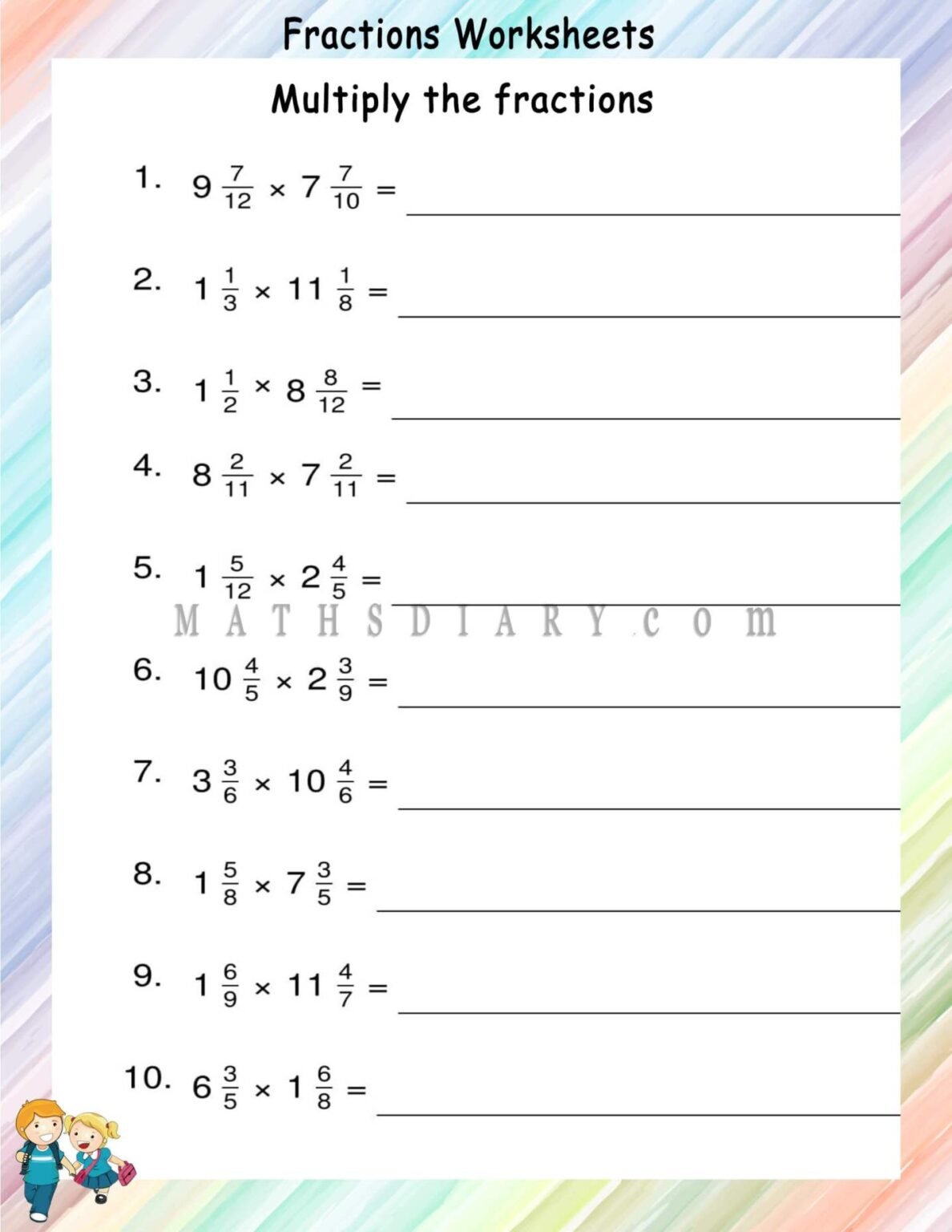 Multiplying mixed fractions worksheets - Math Worksheets - MathsDiary.com