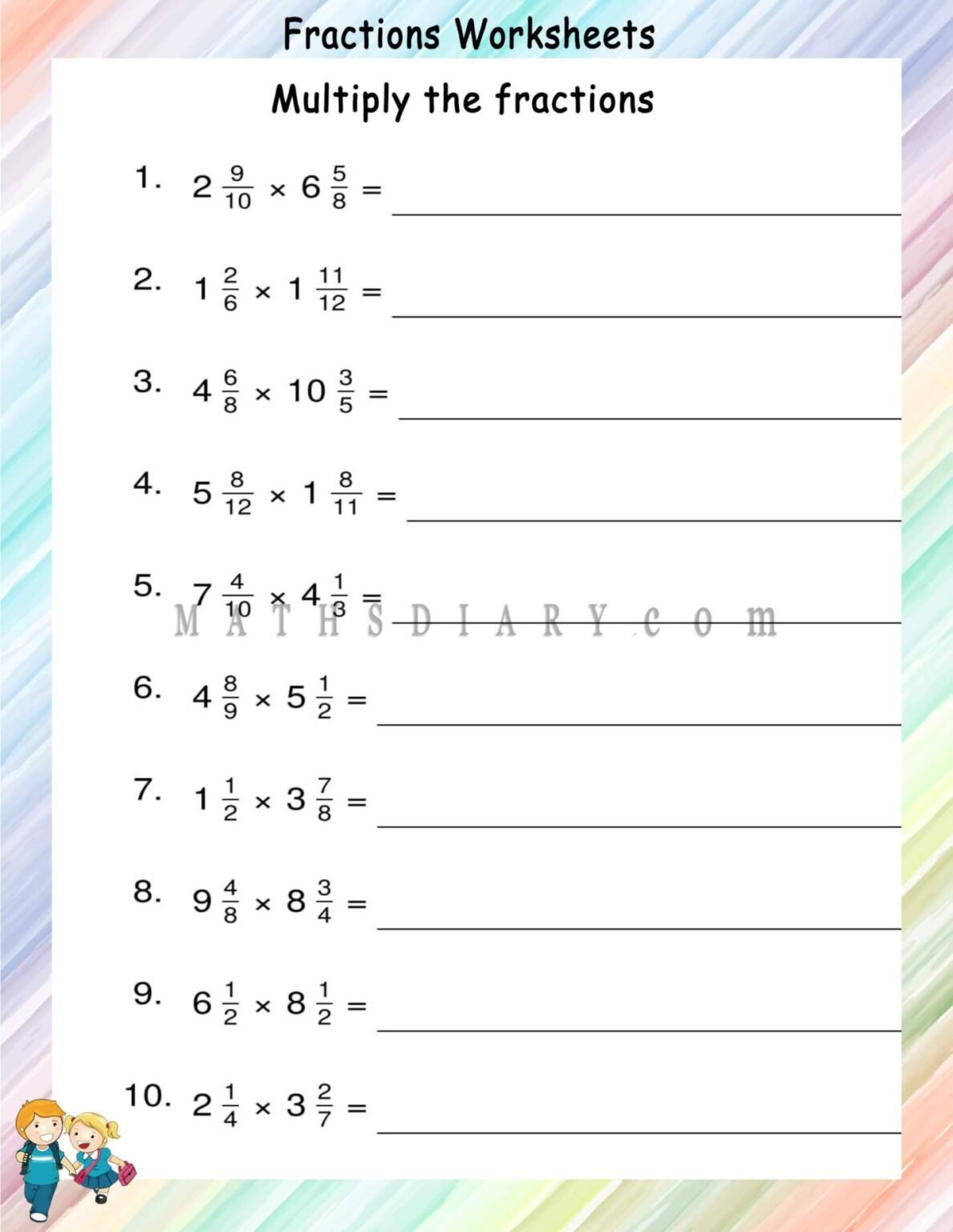 Multiplying mixed fractions worksheets - Math Worksheets - MathsDiary.com