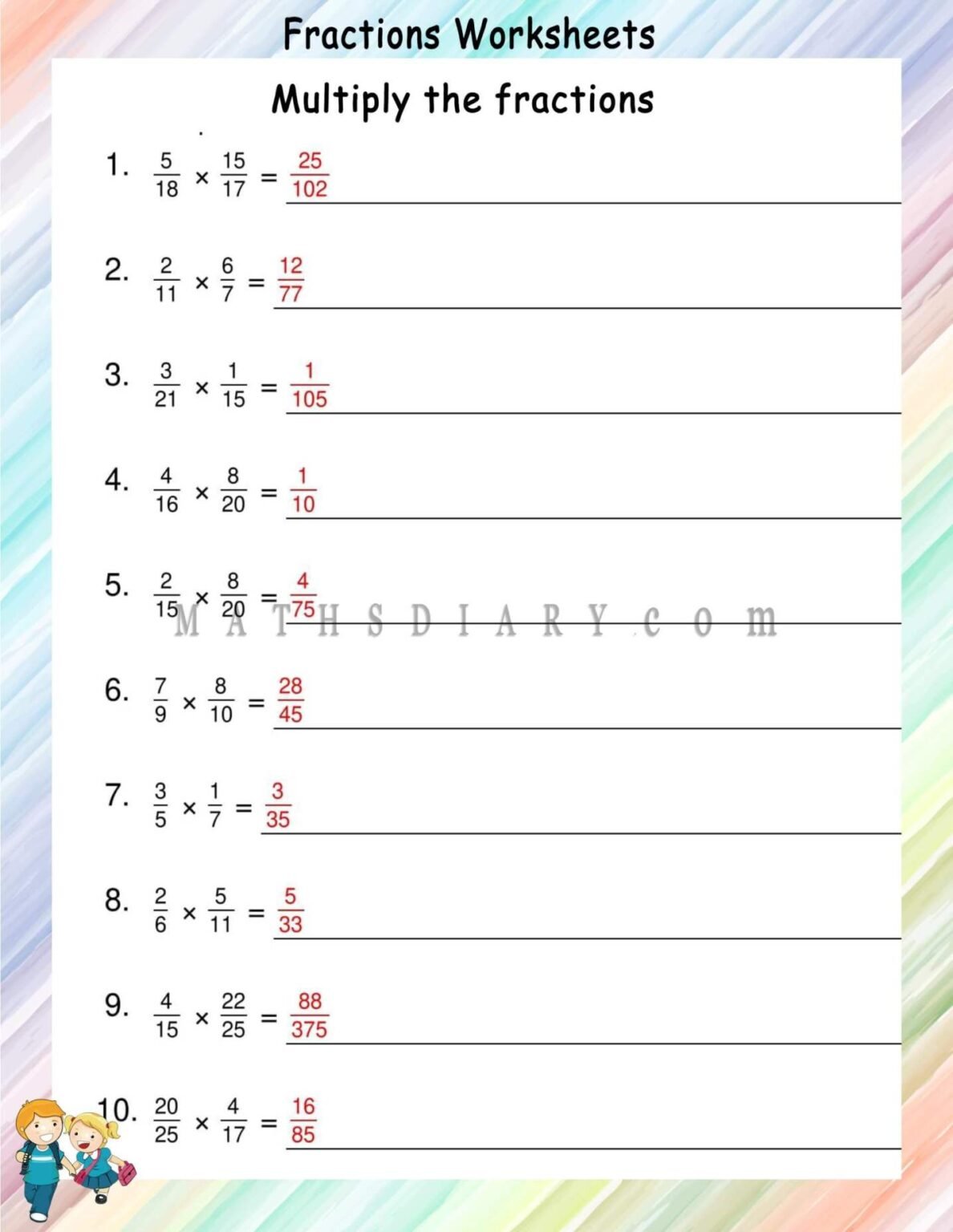 Multiplying simple fractions worksheets - Math Worksheets - MathsDiary.com