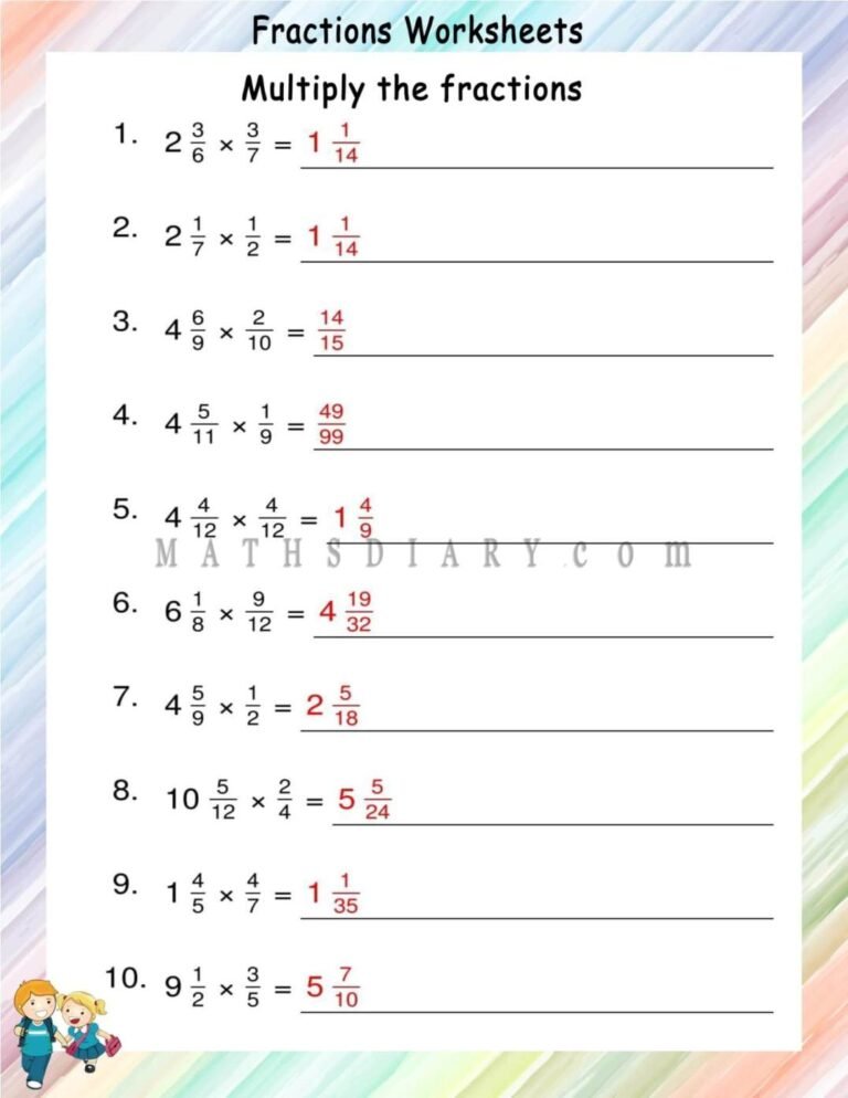 Multiplying mixed fractions by proper fractions worksheets - Math ...