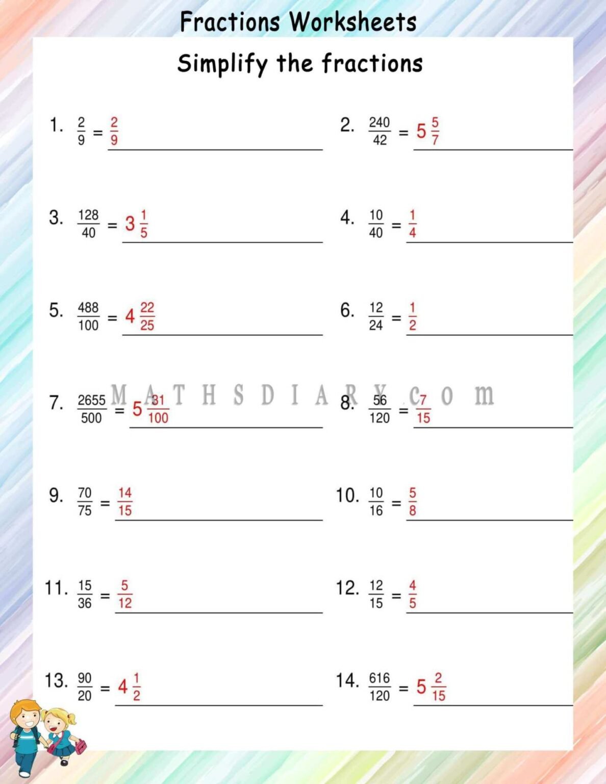 Simplify proper and improper fractions worksheets - Math Worksheets ...