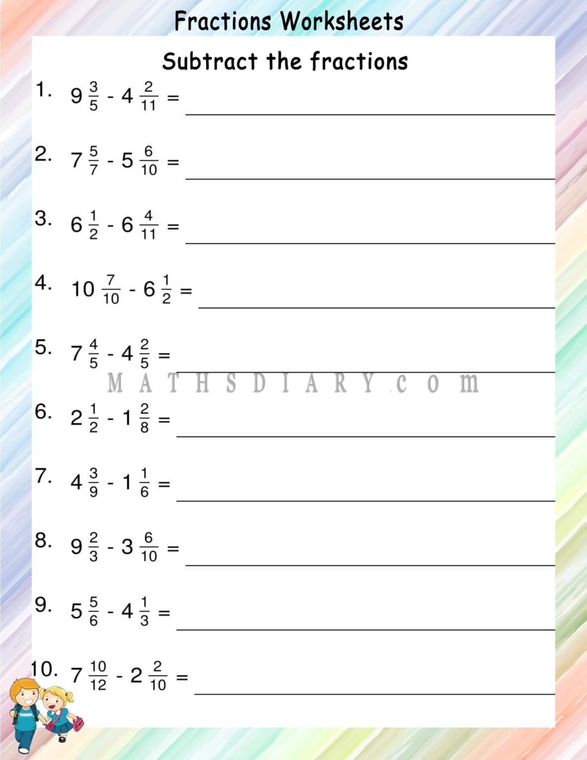 Subtracting Unlike fractions worksheets - Math Worksheets - MathsDiary.com