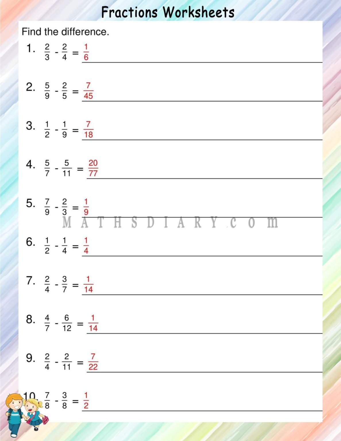 Subtracting unlike fractions hard worksheets - Math Worksheets ...