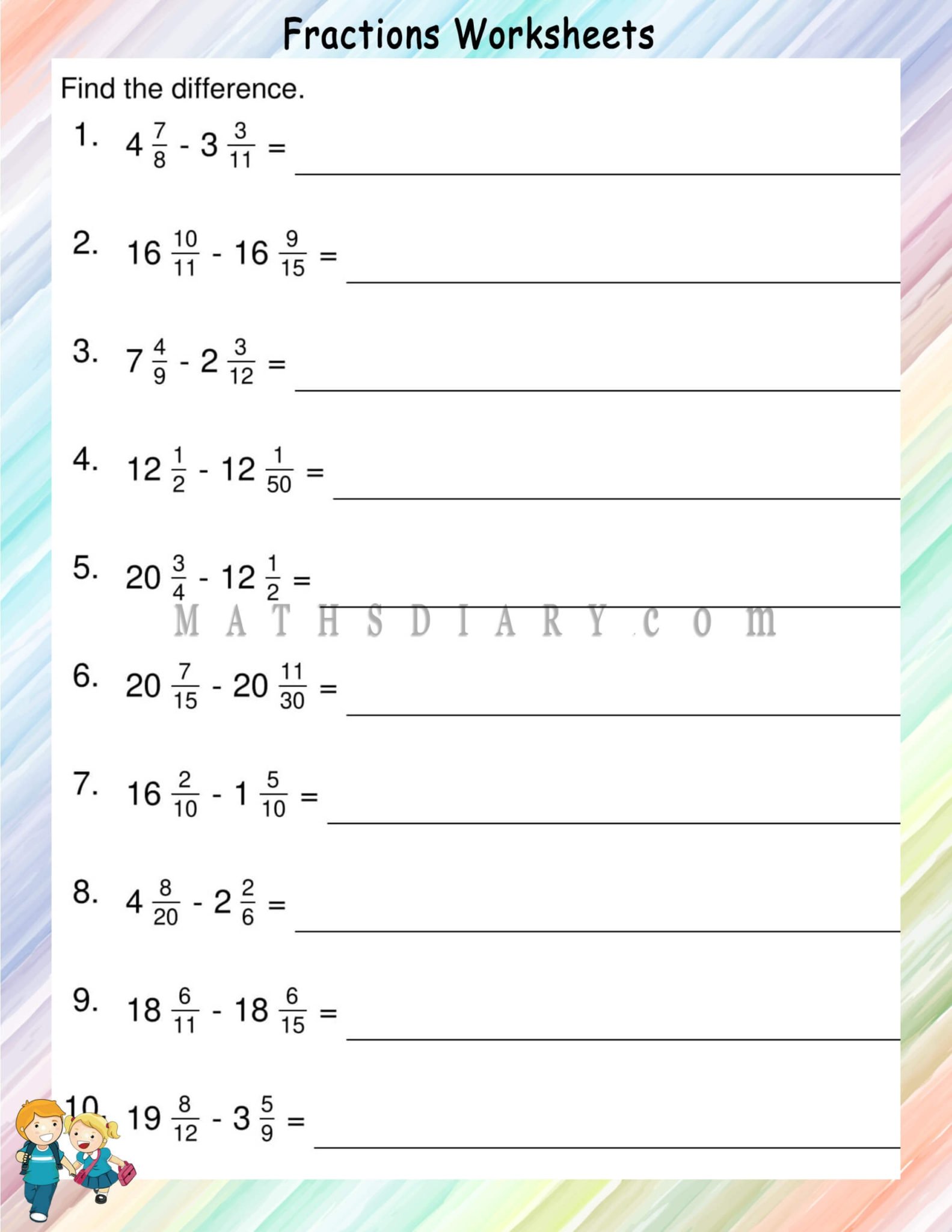 Subtracting unlike fractions hard worksheets - Math Worksheets ...