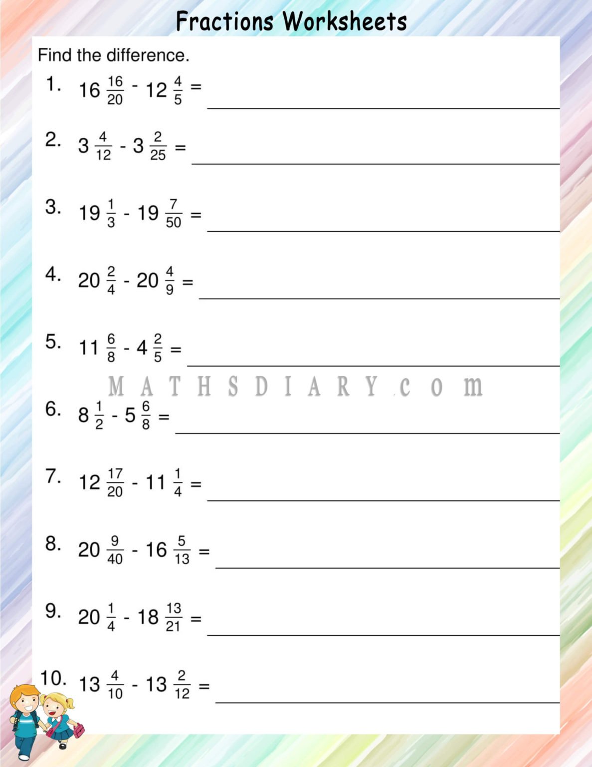 Subtracting unlike fractions hard worksheets - Math Worksheets ...