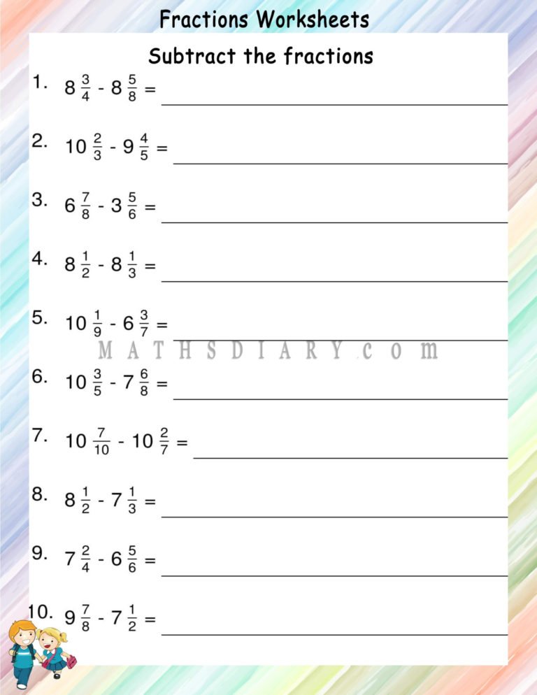 Subtracting Unlike fractions worksheets - Math Worksheets - MathsDiary.com